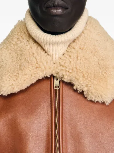 Sandro Shearling Collar Leather Jacket In Brown