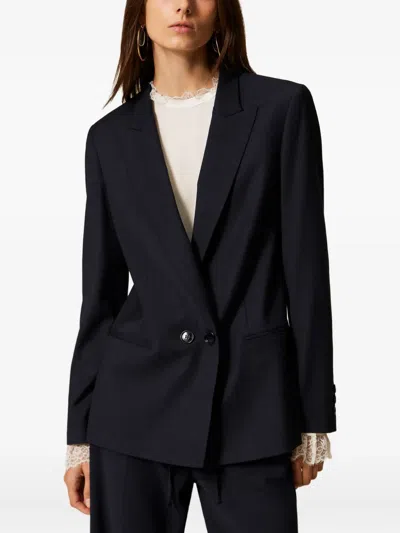 Twinset Double-breasted Wool-blend Blazer In Black