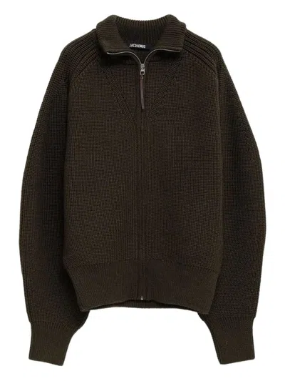 Jacquemus Zip-front Ribbed Cardigan In Brown