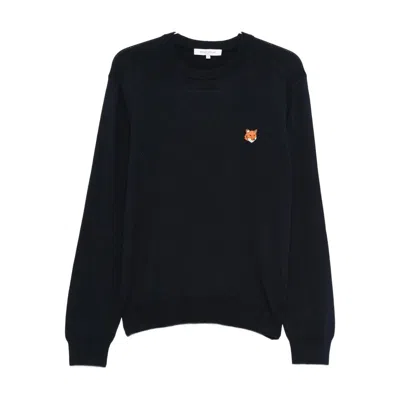 Maison Kitsuné Wool Crewneck Sweater Featuring Fox Design In Black