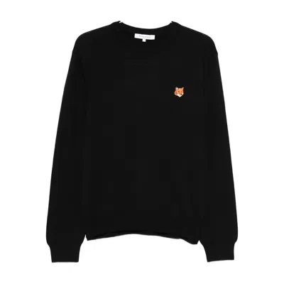 Maison Kitsuné Wool Crewneck Sweater Featuring Fox Design In Black