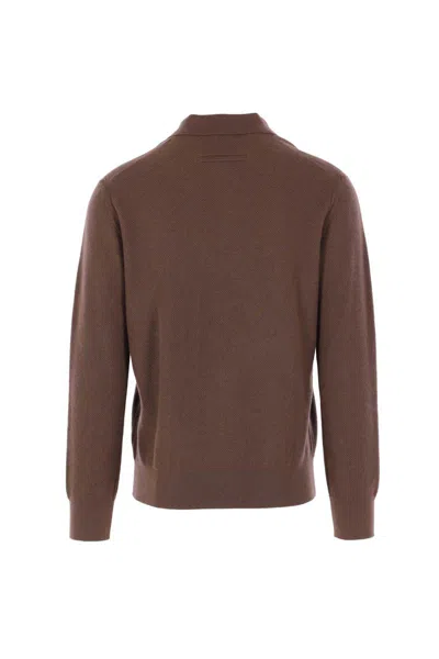 Zegna Cashmere Jacquard Long Sleeve Polo In Brown