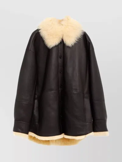 Acne Studios Shearling Collar Leather Jacket Side Pockets In Brown