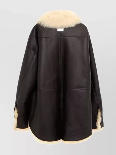 Acne Studios Shearling Collar Leather Jacket Side Pockets In Brown