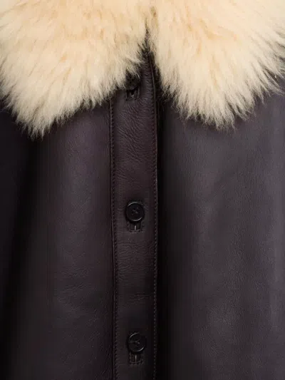 Acne Studios Shearling Collar Leather Jacket Side Pockets In Brown