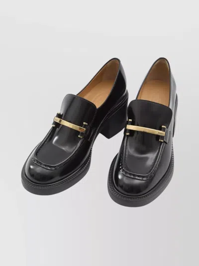 Tod's Block Heel Round Toe Loafers With Hardware In Black