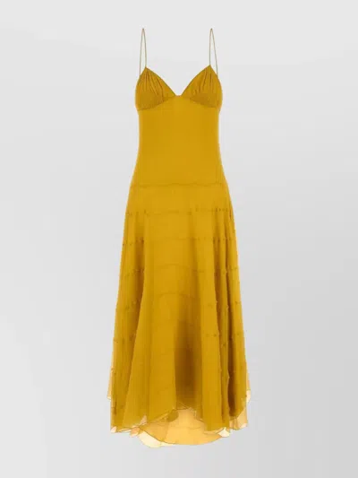 Saint Laurent Flowy Dress With Layered Skirt And V-neckline In Yellow