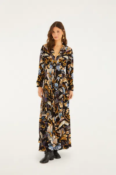 Farm Rio Black Snake Garden Lenzing Ecovero Viscose Maxi Dress In Black