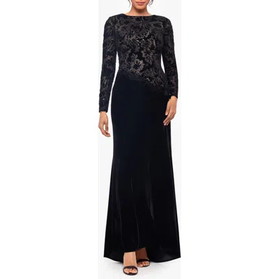 Betsy & Adam Sequin & Velvet Long Sleeve Gown In Black