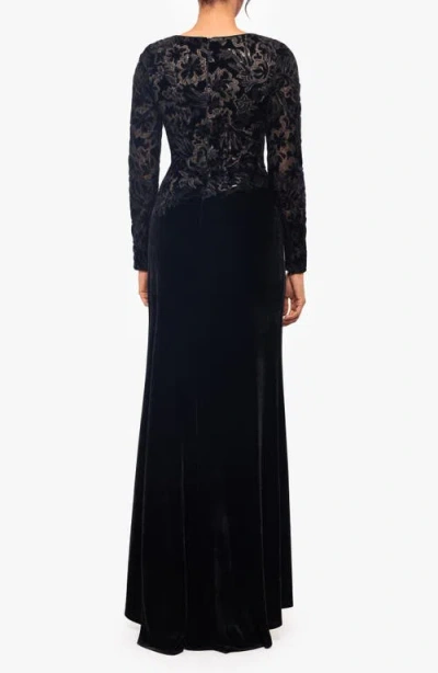 Betsy & Adam Sequin & Velvet Long Sleeve Gown In Black