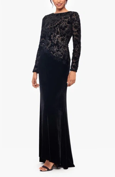 Betsy & Adam Sequin & Velvet Long Sleeve Gown In Black
