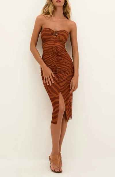 Vix Paula Hermanny Sundown Suzane Ruched Strapless Mesh Cover-up Dress In Brown