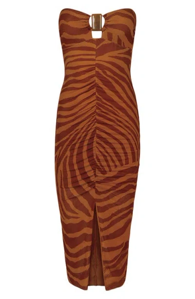 Vix Paula Hermanny Sundown Suzane Ruched Strapless Mesh Cover-up Dress In Brown