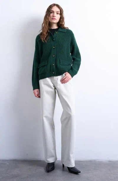 Topshop Collared Cotton Blend Sweater Jacket In Green