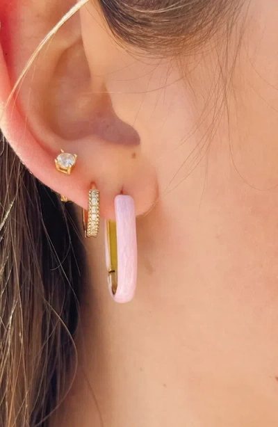 Little Sky Stone Oval Pink Enamel Hoop Earrings In Pink