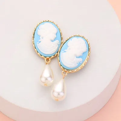 Fashnzfab Teardrop Pearl Dangle Cameo Earrings - Light Blue In Blue