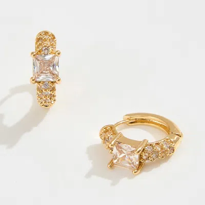 Fashnzfab 14k Gold Dipped Square Cz Center Stone Mini Huggie Hoop Earrings - Gold In Gold