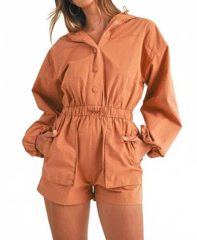 Mable Long Sleeve Button Down Hoodie Romper In Beige In Orange