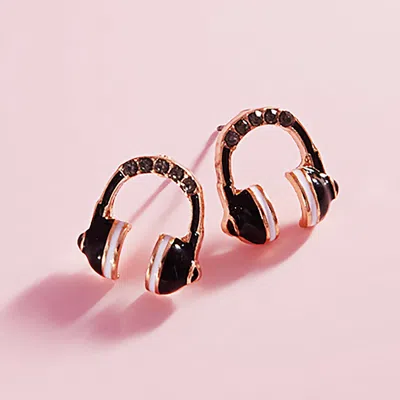 Fashnzfab Stone Paved Enamel Headphone Stud Earrings - Jet Black In Black