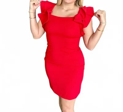 She + Sky Ruffled Sleeve Heavy Knit Square Neck Mini Dress In Red In Red