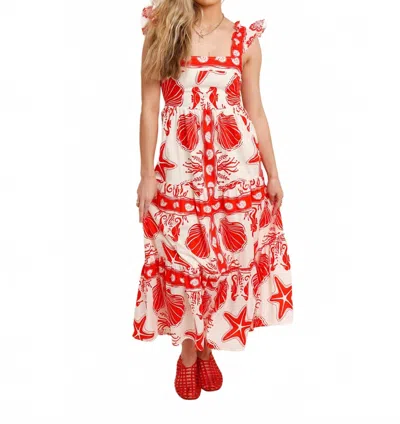 Moon River Ruffle Sleeve Tiered Midi Dress In Red Multi In Orange