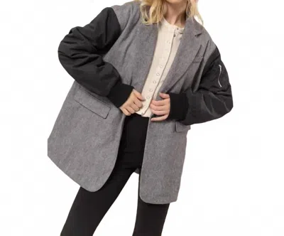 Hyfve Herringbone Mixed Media Coat In Black In Gray
