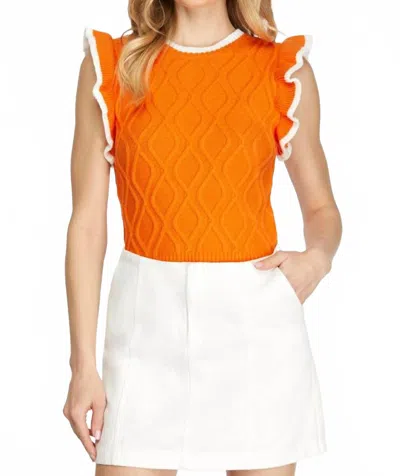 She + Sky Game Day Ruffle Sleeve Cable Sweater Top With Contrast Edge In Orange In Orange