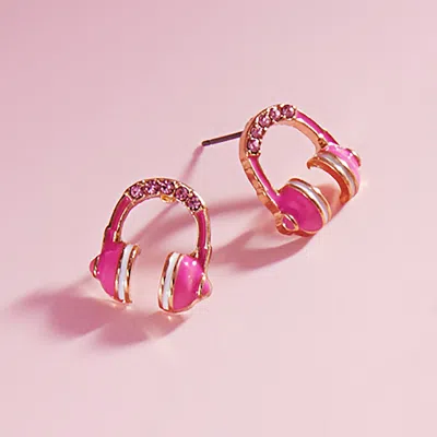 Fashnzfab Stone Paved Enamel Headphone Stud Earrings - Pink In Pink