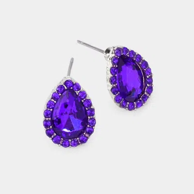 Fashnzfab Teardrop Stone Evening Stud Earrings - Purple, Rhodium In Purple
