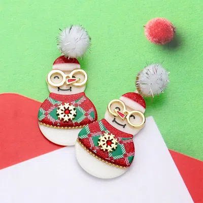 Fashnzfab Pom Pom Resin Christmas Snowman Dangle Earrings - Red In Multi