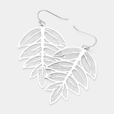 Fashnzfab Brass Metal Filigree Leaf Dangle Earrings - Rhodium In White