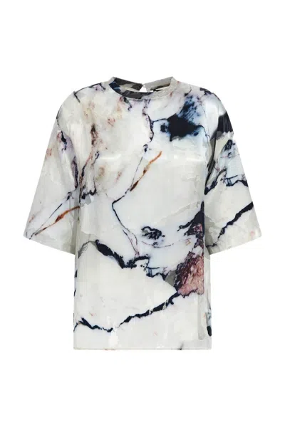 Roberto Cavalli Sheer Abstract Print Keyhole Back Tops In White