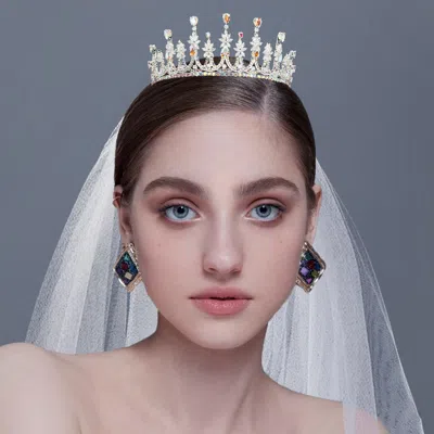 Fashnzfab Teardrop Stone Cluster Accent Marquise Stone Floral Crown Tiara In Metallic