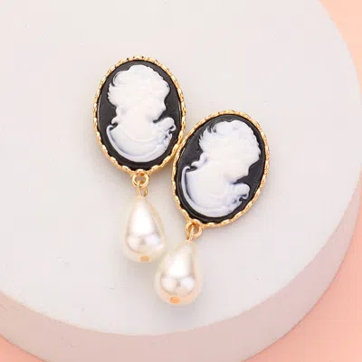 Fashnzfab Teardrop Pearl Dangle Cameo Earrings - Black In Gold
