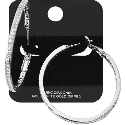 Fashnzfab White Gold Dipped Cz Stone Channel Hoop Earrings - Rhodium In White