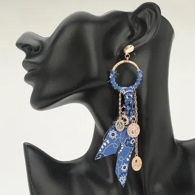 Fashnzfab Religious Medal Drop Fabric Knot Statement Earrings - Blue In Blue