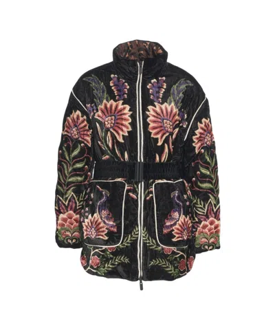 Farm Rio Padded Velvet Jacket With Floral And Bird Embroidery In Black
