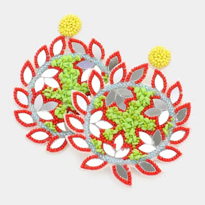 Fashnzfab Faux Leather Back Mirror Beaded Floral Dangle Earrings - Multi, Red In Multi