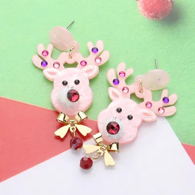 Fashnzfab Stone Embellished Glittered Resin Rudolph Dangle Earrings - Pink In Pink