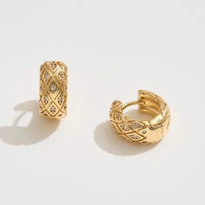 Fashnzfab 14k Gold Dipped Cz Stone Paved Quilted Mini Huggie Hoop Earrings - Gold In Gold