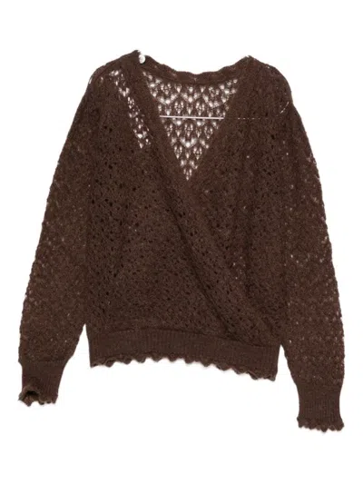 Twinset Wrap-style Open-knit Sweater With Scalloped Edges In Brown