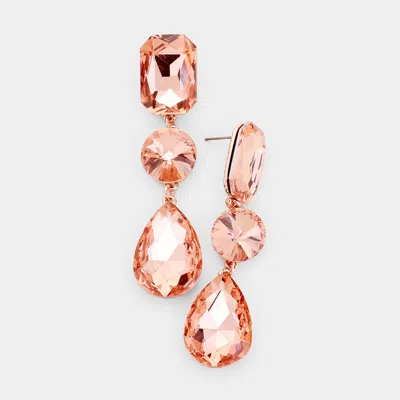 Fashnzfab Triple Crystal Rhinestone Evening Earrings - Peach, Rose Gold In Gold