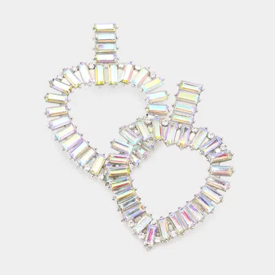 Fashnzfab Rectangle Stone Cluster Open Heart Dangle Earrings - Ab, Rhodium In Metallic