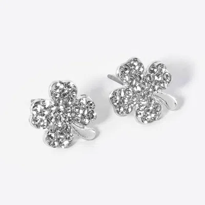 Fashnzfab Crystal Paved Clover Stud Earrings - Clear, Rhodium In Metallic
