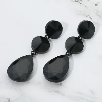 Fashnzfab Round Teardrop Stone Cluster Link Drop Evening Earrings - Jet Black In Black
