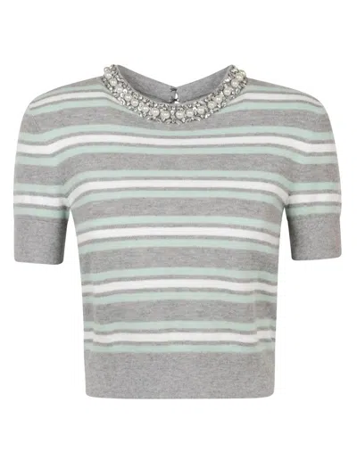 Self-portrait Fitted Grey Top With Striped Pattern And Round Neckline In Black