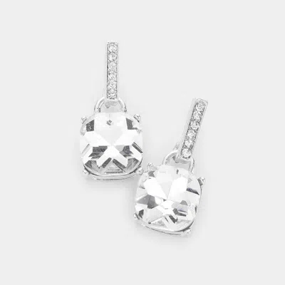 Fashnzfab Cushion Square Stone Dangle Evening Earrings - Clear, Rhodium In Metallic