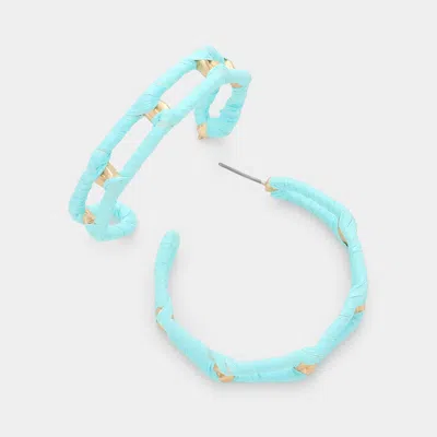 Fashnzfab Raffia Wrapped Open Metal Oval Link Half Hoop Earrings - Matte Gold, Mint In Blue