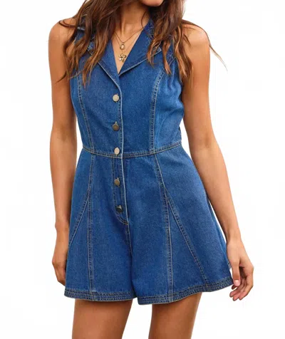Mustard Seed Flounce Romper In Washed Denim In Blue