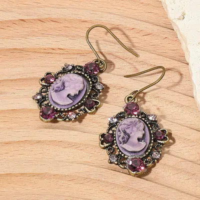 Fashnzfab Cameo Accented Stone Embellished Dangle Earrings - Gold Burnished, Purple In Silver